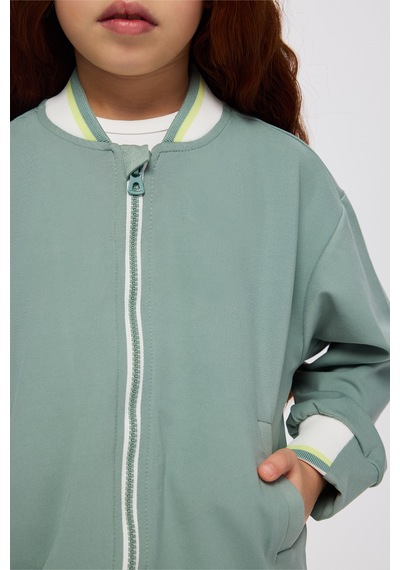 Panço Kız Çocuk Kolej Yaka Yakası Çizgili Fermuarlı Yeşil Sweatshirt