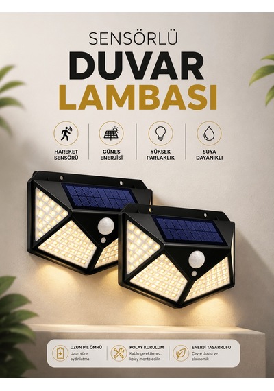 Solar Sensörlü Duvar Lambası Bahçe Lambaso Parlak Beyaz Işık Suya Dayanıklı Altın
