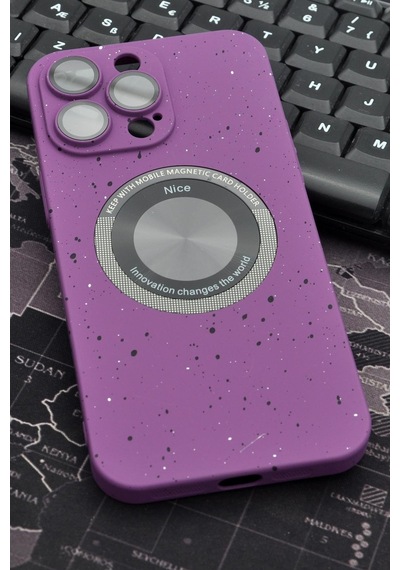 Apple Uyumlu iPhone 14 Pro  Mor Benekli Desenli İnce Sert Kapak Kılıf Kamera Lens Korumalı Mor