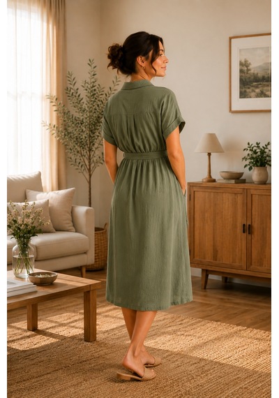 Luvmabelly Myra5860 Doğal Yumuşacık Müslin Kumaş - Yazlık Gömlek Hamile Elbise - Yeşil