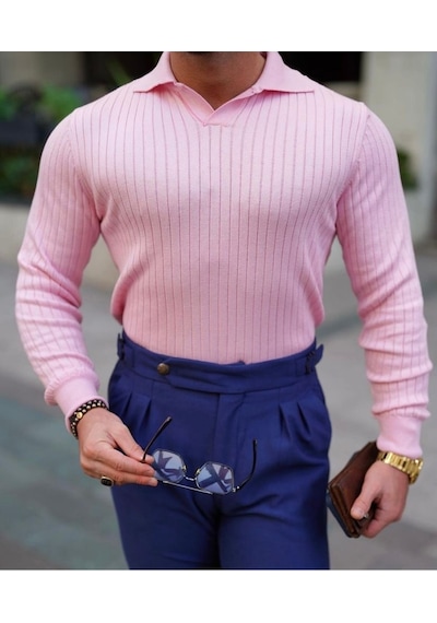 Pembe Erkek Polo Yaka Fitilli Triko Kazak Pembe