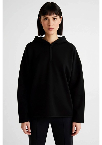 Benerly Kadın Kapüşonlu Fermuarlı Oversize Polar Sweatshirt Fonksiyonel D siyah