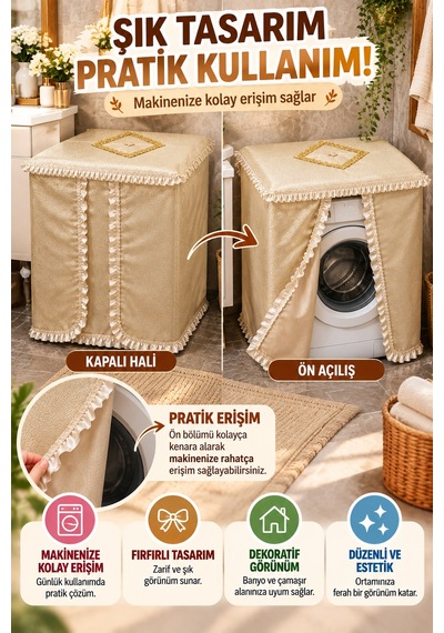 Kapıçino Çamaşır Makinesi Örtüsü Fırfırlı Dantelli Dekoratif Toz Koruyucu Ön Açılır Lüks Kılıf Model Gold