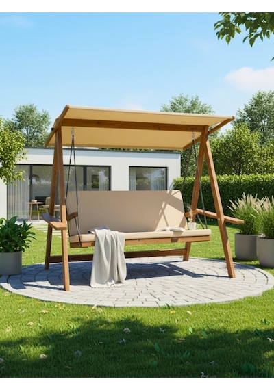 Riva 2100 3 Kişilik Ahşap Bahçe Salıncağı, Balkon ve Teras Salıncağı, Tenteli Camel