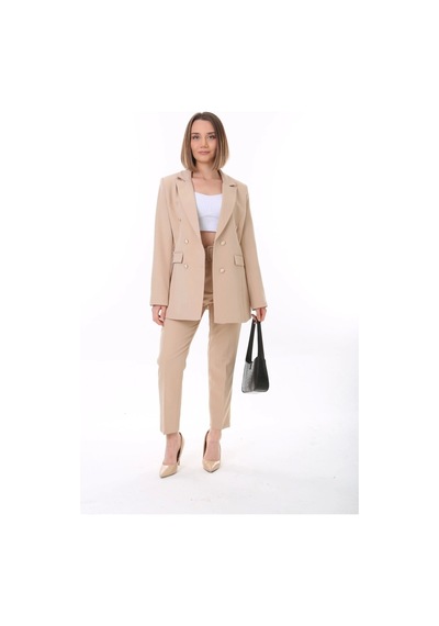 Kadın Düğmeli Blazer Ceket Kemerli Pantolon Dokuma Atlas Kumaş Takım Elbise - Saks Mavi Kadın Düğmeli Blazer Ceket Kemerli Pantolon Dokuma Atlas Kumaş Takım Elbise - Saks Mavi
