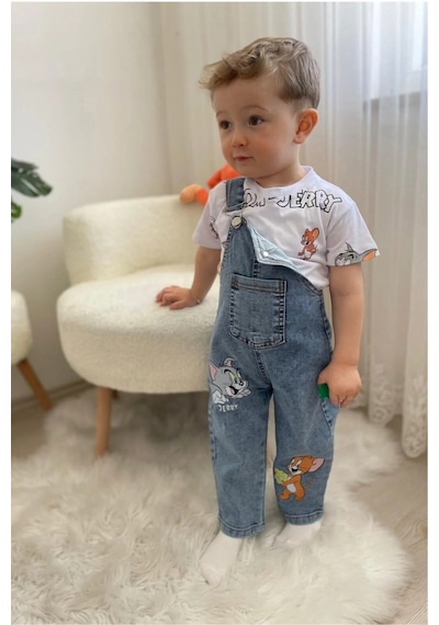 Nota Kids Sevimli Baskılı Tişört Ve Kot Salopet 2'li Takım Mavi