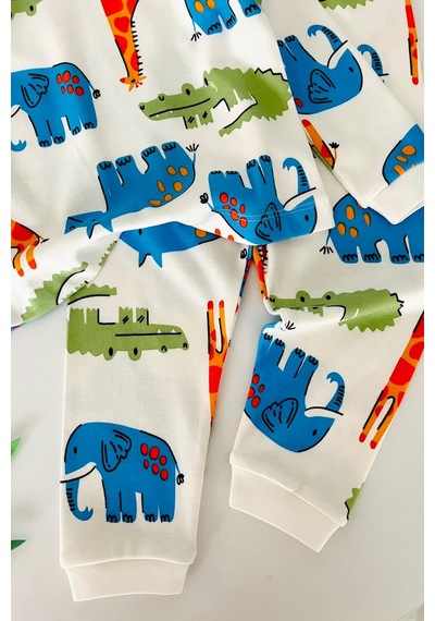 Minigimin Cicileri Hayvan Figür Baskılı Pamuklu Erkek Çocuk Pijama Takımı - Ekru