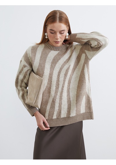 Lcw Modest Kahverengi Bisiklet Yaka Zebra Desenli Kadın Triko Tunik
