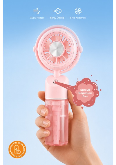 Taşınabilir Şarjlı Su Püskürtmeli 3 Kademeli Mini El Fanı Pembe