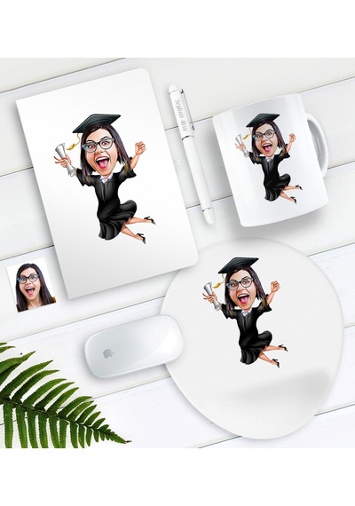 Kişiye Özel Bayan Mezun Karikatürlü Defter Kalem Kupa Mouse Pad Set
