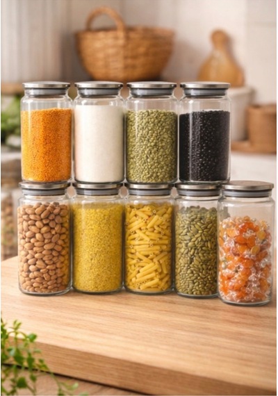 12 Adet 1300 Ml Vakumlu Metal Kapaklı Cam Kavanoz Bakliyatlık Erzak Saklama Kabı Gri Gri