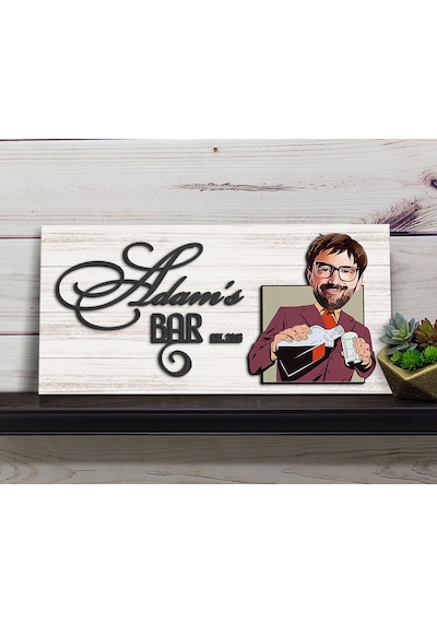 Bk Gift Kişiye Özel Karikatürlü Kabartma Tasarım Antik Beyaz Ahşap Bar Tabelası, Home Bar Tabela, Rustik Ev Dekorasyonu, Duvar Dekoru-2