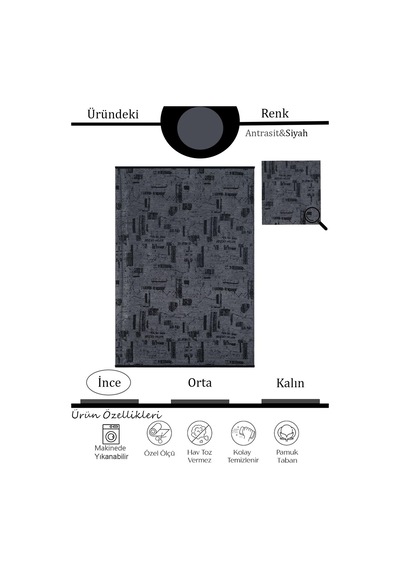 Çam Halı Bodrum Bdr 115 Antrasit Özel Latex Kaymaz Tabanlı Kilim