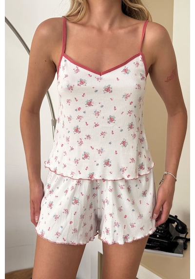 Giysa Kadın Askılı Çiçek Desenli Şortlu Pijama Takımı Pembe Çiçek - 3300