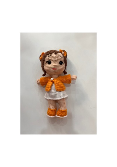 Afra Amigurumi El Örgüsü Bebek 20 Cm Tığ İşi Şirin Kıyafetli Hediyelik Oyuncak Bebek Turuncu-beyaz