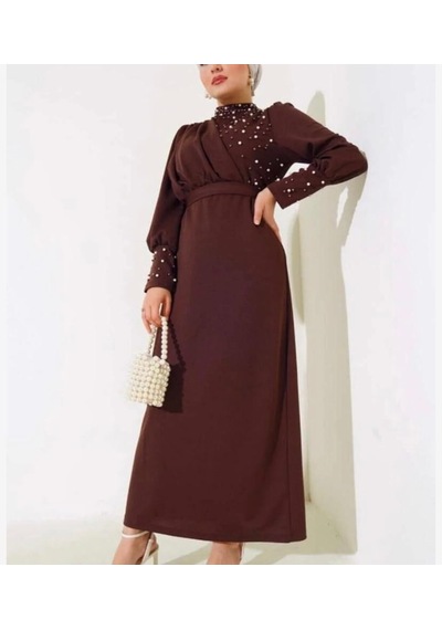 Lovie Moda Madın İncili Özel Gün Elbisesi Kahverengi