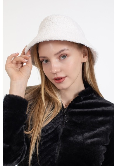 Ladycolor Şapka Kıvırcık Peluş Kumaş Bucket Modeli Krem Krem