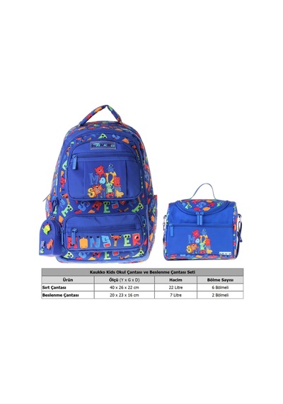 Kaukko Kids Monster Erkek Çocuk Mavi İlkokul Sırt Çantası Ve Beslenme Çanta Seti - Setkk-l5404b