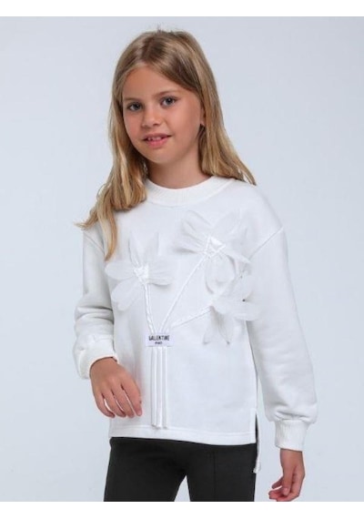Kız Çocuk Kabartma Çiçek Desenli Sweatshirt-14320 Beyaz