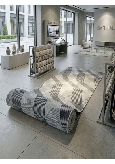 Carpet Çizgili Jel Kesme Halı Yolluk Gri