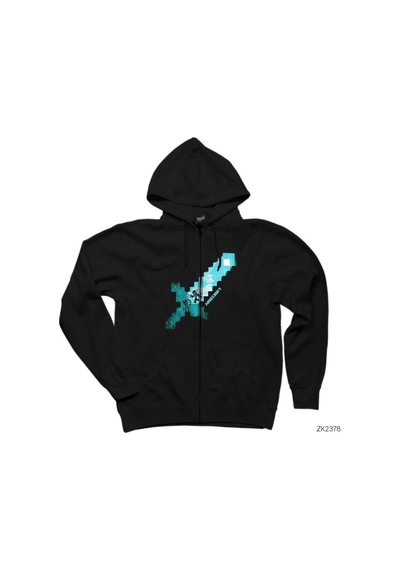 Minecraft Diamond Sword Siyah Fermuarlı Kapşonlu Sweatshirt Siyah