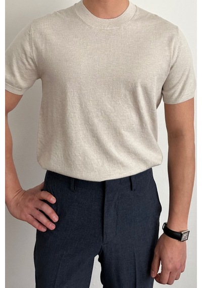 Tarz Cool Erkek Slim Fit Bisiklet Yaka Triko T-shirt Bej