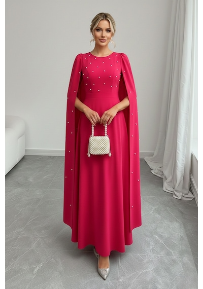 Defymoda Kadın İnci İşlemeli Şık Gece Davet Elbise Pembe