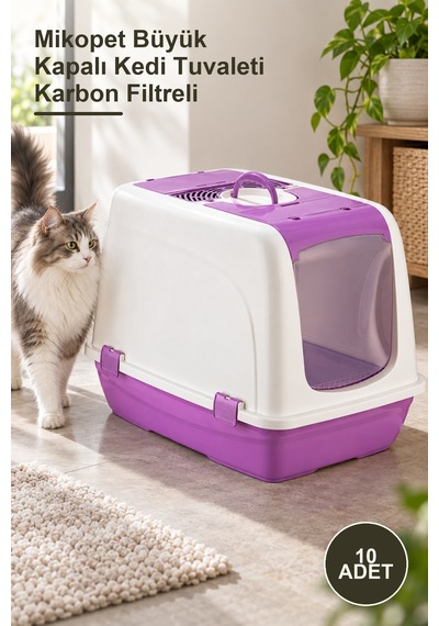 10 Adet Mikopet Büyük Kapalı Kedi Tuvaleti Karbon Filtreli