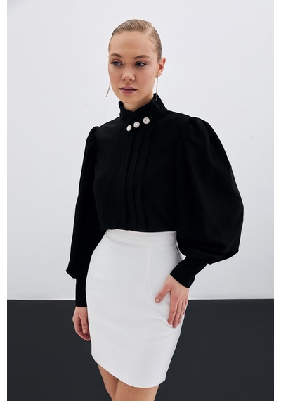 Sateen Nervür Detaylı Bluz - Siyah-135421 Siyah