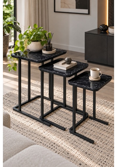 Sulorahome 3'lü Zigon Sehpa Seti Siyah Mermer Desenli Metal Ayaklı