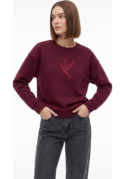 Fabrika Bordo Kadın Bisiklet Yaka Loose Fit Nakışlı Sweatshirt F6wl-swt0087