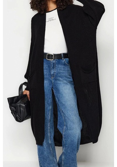 Frm Kadın Moda Şık Uzun V Yaka Regular Maxi Basic Triko Hırka Siyah