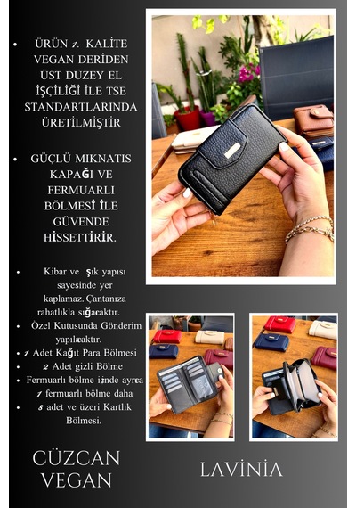Lavinia Siyah Vegan Deri Kadın Cüzdan Fermuarlı Ve Mıknatıslı 16x9 Cm Siyah