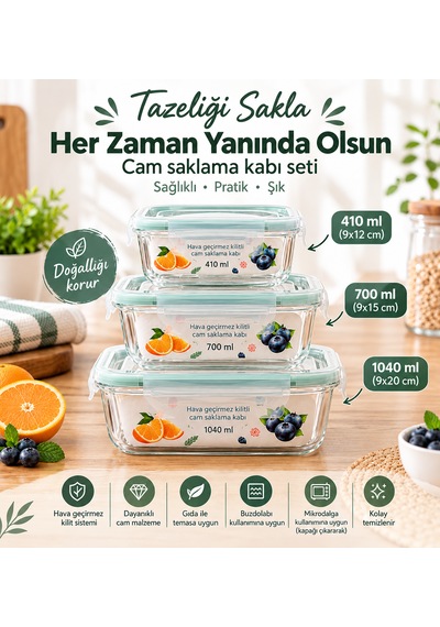 Çemi 3'lü Kilitli Dikdörtgen Cam Saklama Kabı Seti Hava Geçirmez Saklama Kabı