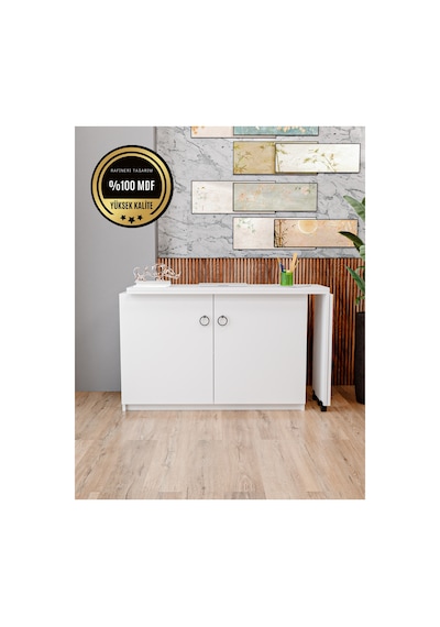 Rafineri Flor Çalışma Masası Dolaplı Açılır Katlanır Masa Mdf Beyaz