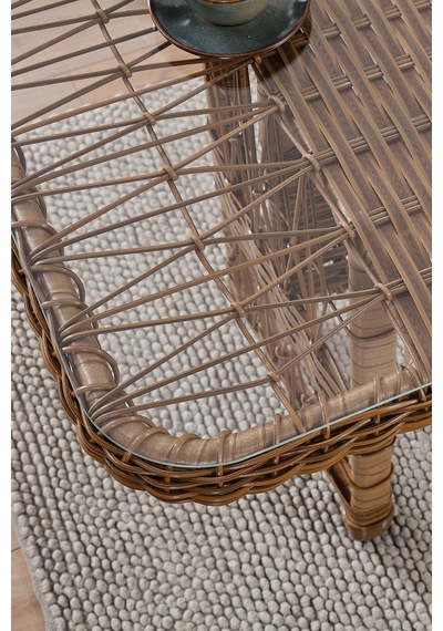 Paris Rattan Puflu Bahçe Balkon Takımı 3+1+1 Cam Masalı Kahve Kahverengi