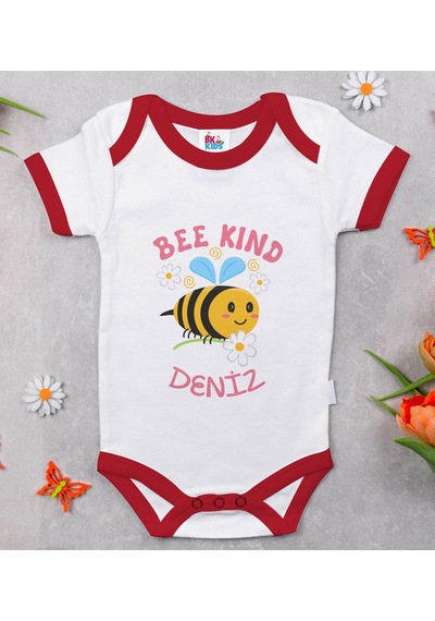 Bk Gift Bk Kids Kişiye Özel Bee Kind Tasarımlı Kırmızı Bebek Body Zıbın-1 Çok Renkli