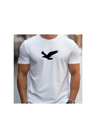 Caddemia Yaz  Moda Rahat Spor Gevşek Siluet Kartal Desen Baskılı Yuvarlak Boyun Beyaz 2XL