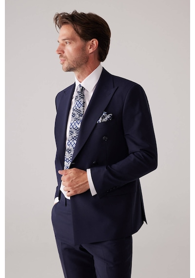 Erkek Lacivert Slim Fit Kruvaze %100 Yün Takım Elbise