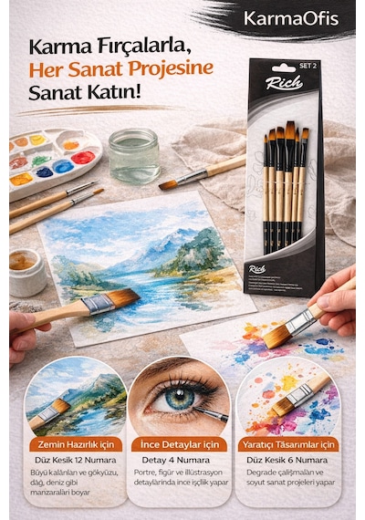 6 Lı Karma Fırça Seti Set 2 Detay, Düz Ve Düz Kesik Uçlu Profesyonel Boya Fırça Akrilik&sulu Boya