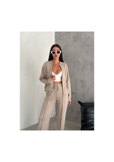 Gugus Kadın Fermuarlı Kolej Yaka Aysho Model Bol Paça Wide Leg Eşofman Takımı Bej