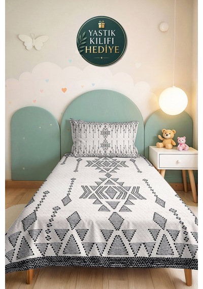 Bohem Geometrik Beyaz Tek Kişilik Pike Takımı - Etnik Antrasit 160x220 Cm Kapitone Yatak Örtüsü Melez Halı Derinliği