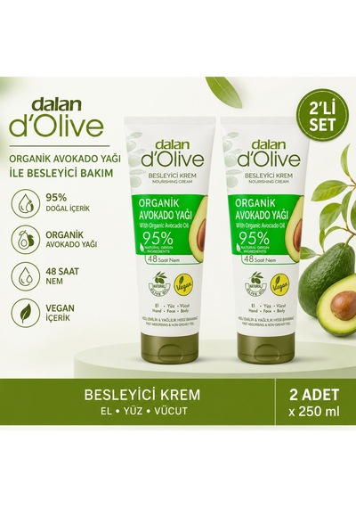 D'olive Organik Avokado Yağı Hızlı Emilen Tüp Krem 250 Ml 2 Adet