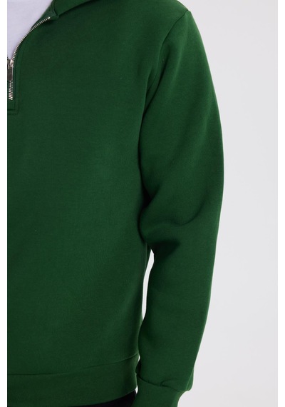Tudors Unisex Relax Fit Rahat Kesim Pamuklu İçi Polarlı Yarım Fermuarlı Yeşil Kapüşonlu Sweatshirt-37026