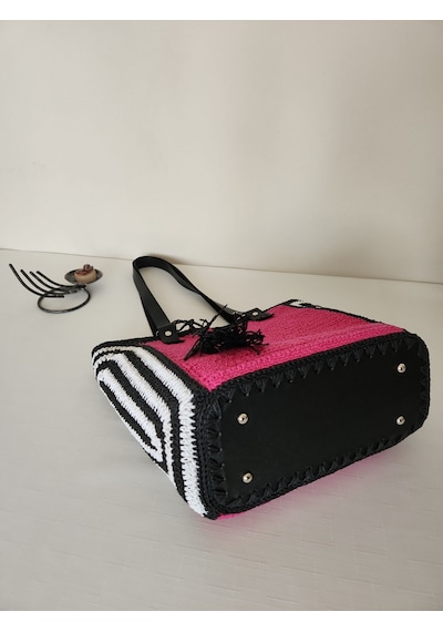 Fikriharika Design Pink Maze, Kağıt İp, Kadın Omuz Çantası Siyah - Beyaz - Fuşya