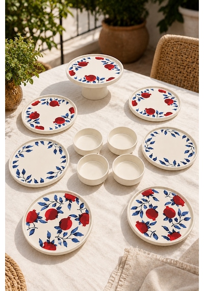 Nar 11 Parça 6 Kişilik Stackable Seramik Kahvaltı Ve Servis Takımı Nar Desenli Beyaz