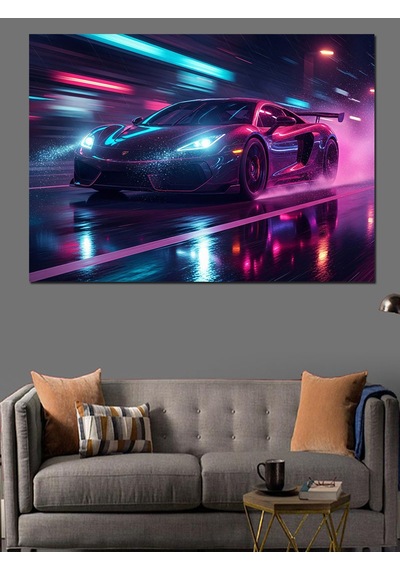 Gece Yarısı Neon Spor Araba Dekoratif Kanvas - Mdf Ahşap Tablo