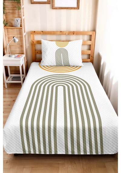 Geometrik Bohem Haki Genç Odası Tek Kişilik Pike Takımı - Hardal 160x220 Cm Kapitone Yatak Örtüsü Killi Rota İzi