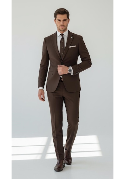 Erkek Slim Fit Mikro Desenli Takım Elbise 2 Düğmeli Çift Yırtmaçlı Modern Ceket Pantolon Takım Kahverengi Erkek Slim Fit Mikro Desenli Takım Elbise 2 Düğmeli Çift Yırtmaçlı Modern Ceket Pantolon Takım Kahverengi