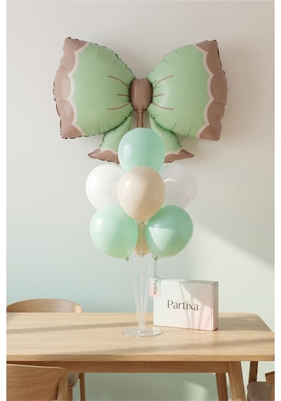 Retro Yeşil Fiyonk Balon Stand Seti Şeffaf 7 Li Stand + Retro Yeşil Fiyonk Folyo Balon 91 60 Cm + 7 Lateks Balon